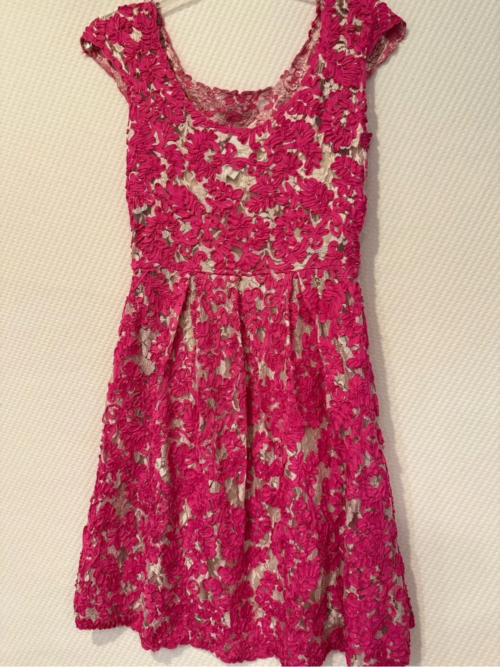 Anthropologie Hot Pink Lace cap sleeve fit and flare dress by yoana baraschi